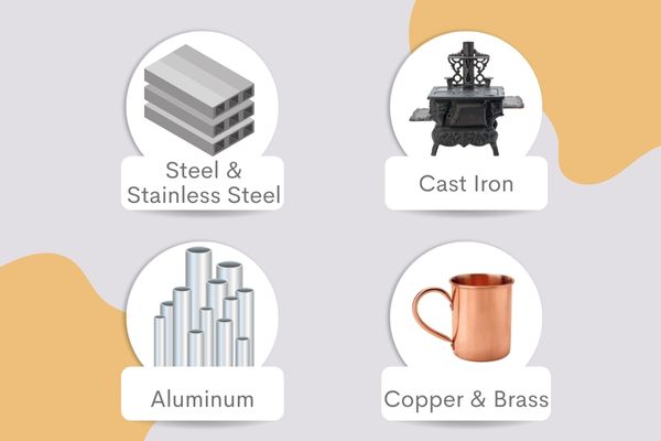 metals like steel, copper, brass